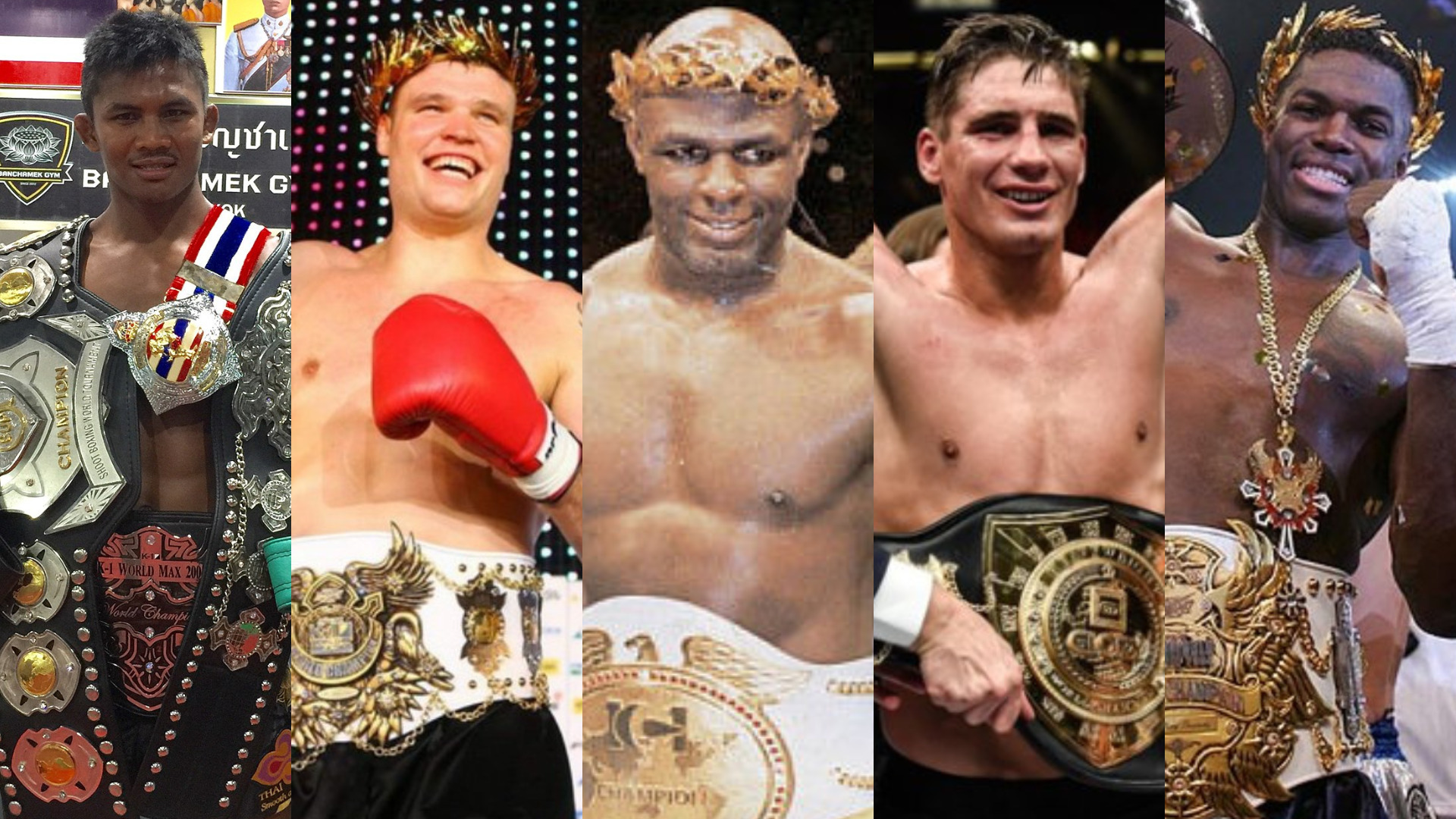 Legendary kickboxing champions Buakaw, Remy Bonjasky, Semmy Schilt, Ernesto Hoost, and Rico Verhoeven posing together representing the history of K-1 and Glory.