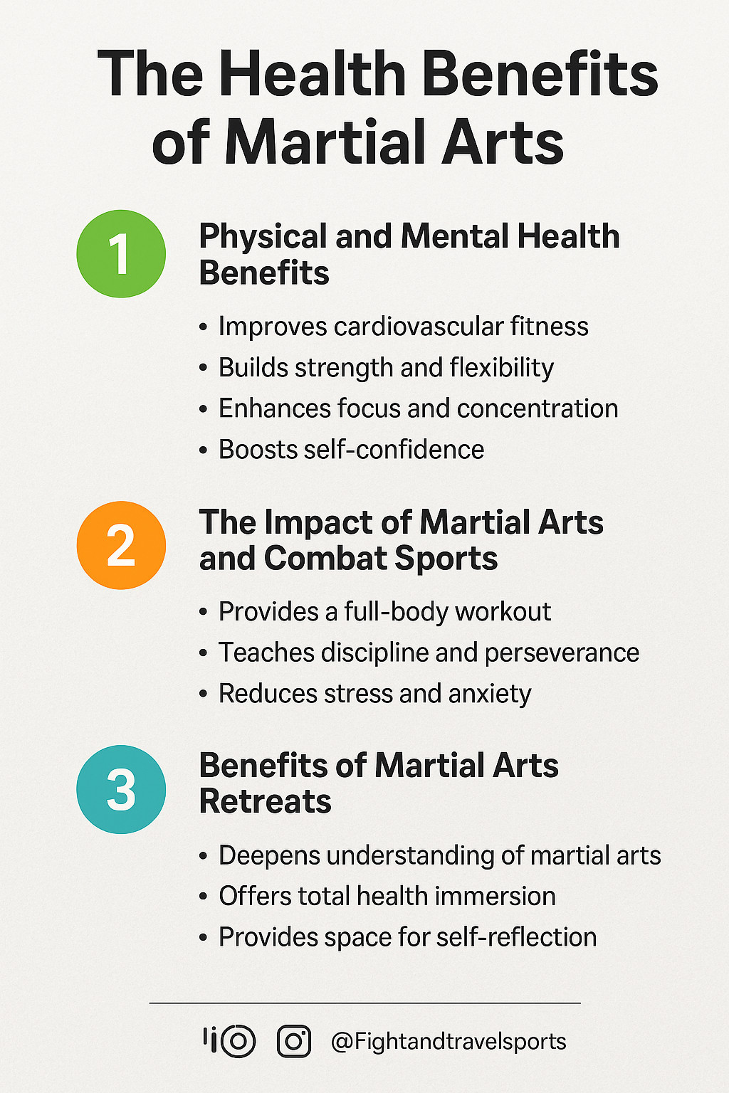 Infographic showing the physical and mental health benefits of martial arts, combat sports, and martial retreats abroad.