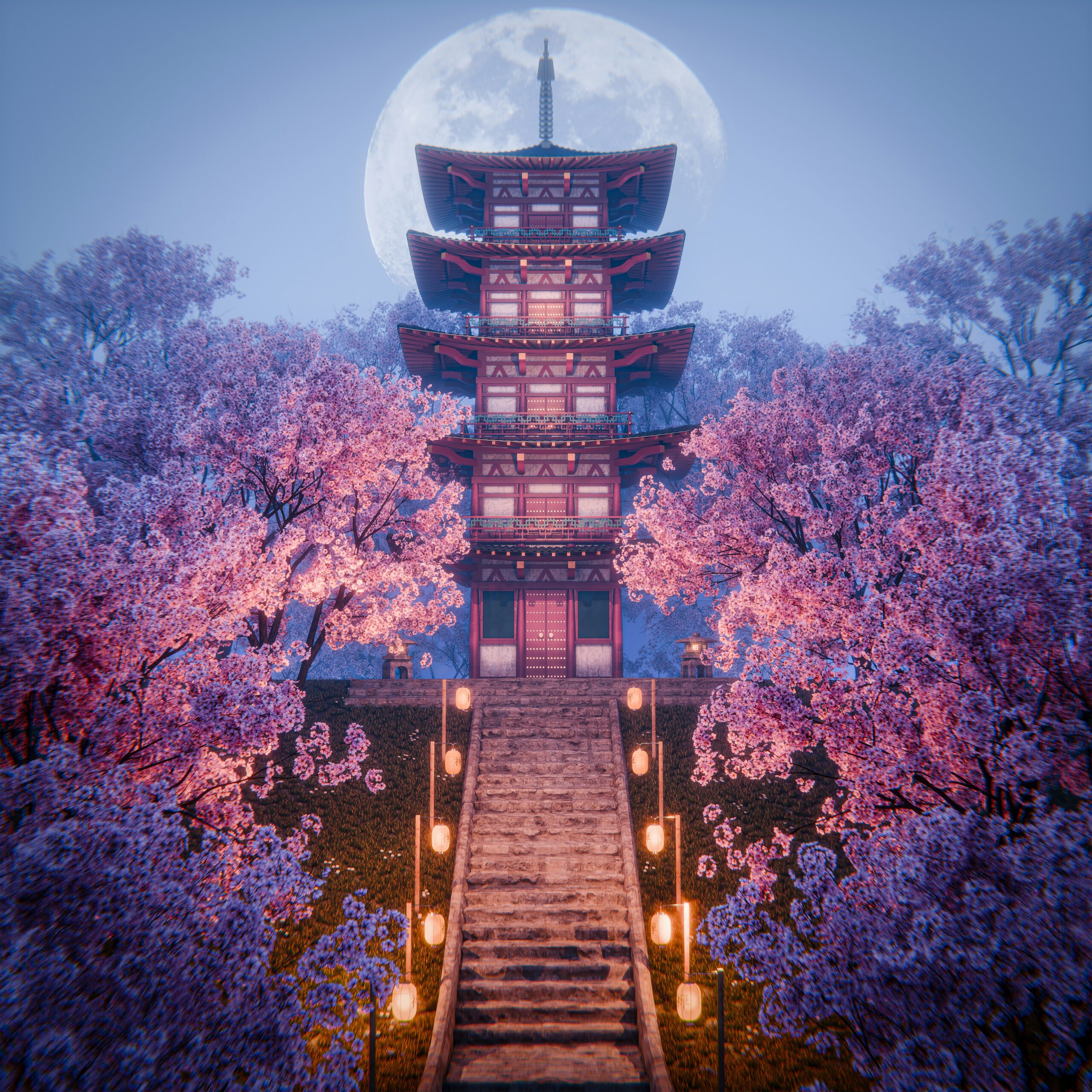 Traditional Japanese pagoda surrounded by cherry blossoms under a full moon at dusk